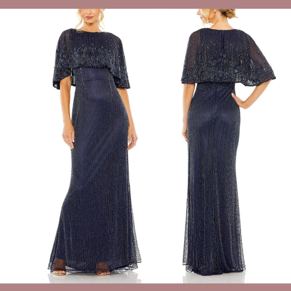 NWT $598 Mac Duggal [ 12 ]‎ Embellished Cape High Neck Column Gown Blue #J41